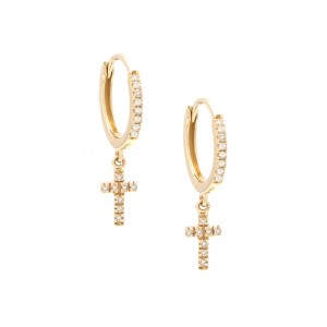 MINI DIAMOND HOOP EARRING W/ CROSS CHARM (14KYG)