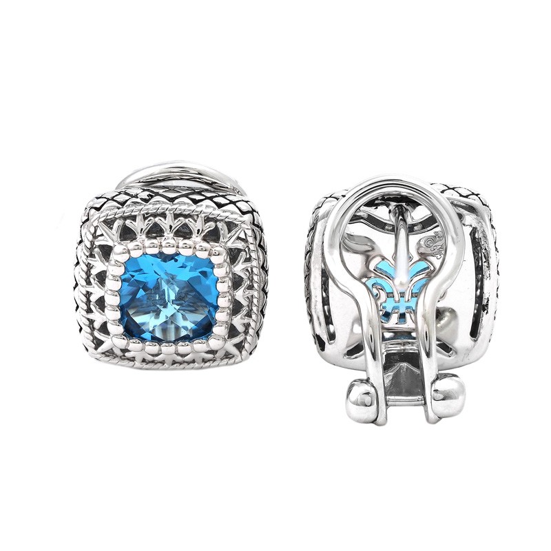 Sterling Silver Fleur De Lis Cushion Bezel Blue Topaz Earring (Silver Blue Topaz Earrings)