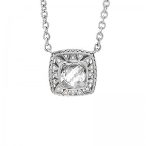 Sterling Silver Lazo De Colores Cushion Bezel White Topaz Necklace (Silver Diamond/White Topaz Necklace)