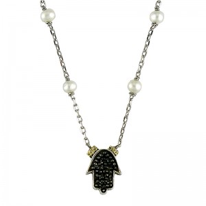 Blanco Y Negro Round Pave Pearl Necklace (18k/Silver Pearl-Black Diamond Hand Necklace)