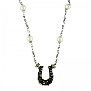 Blanco Y Negro Round Pave Pearl Necklace (18k/Silver Pearl-Black Diamond Horseshoe Necklace)