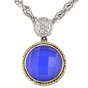 Trebol Round Bezel Blue Agate Pendant (18k/Silver Blue Agate Diamond Necklace)