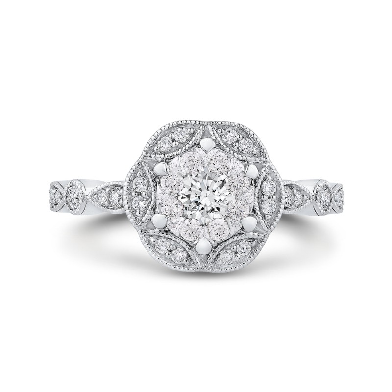 Round Diamond Flower Engagement Ring in 14K White Gold