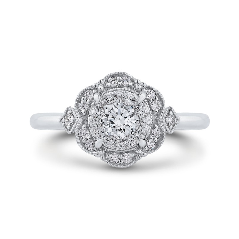 Round Diamond Floral Engagement Ring in 14K White Gold