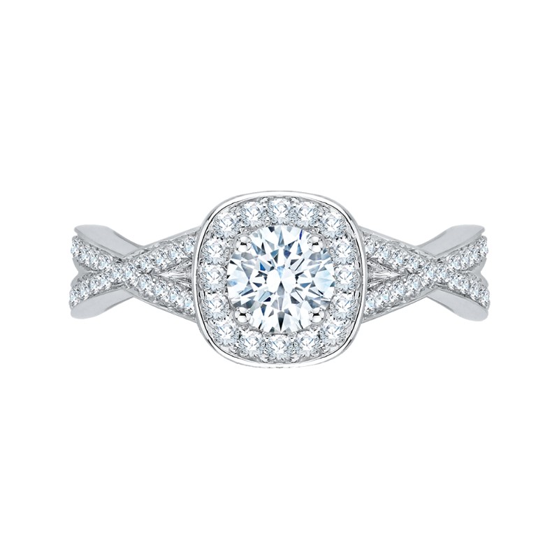 Split Shank Round Diamond Halo Engagement Ring in 14K White Gold