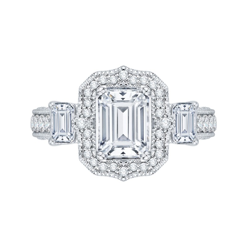 Emerald Cut Diamond Halo Bridal Ring in 18K White Gold (Semi-Mount)