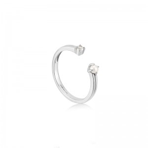 Pearl Sparkle Adjustable Ring?Add a touch of pearlescent sparkle to your unique ring stack with this stunning open-front band ring. The chic double band is finished with a mini pearl and cubic zirconia stone set on shiny rhodium plated sterling silver. Ad