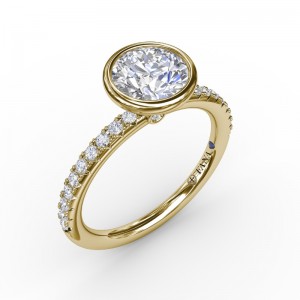 Contemporary Bezel-Set Round Diamond Solitaire Engagement Ring With Diamond Band