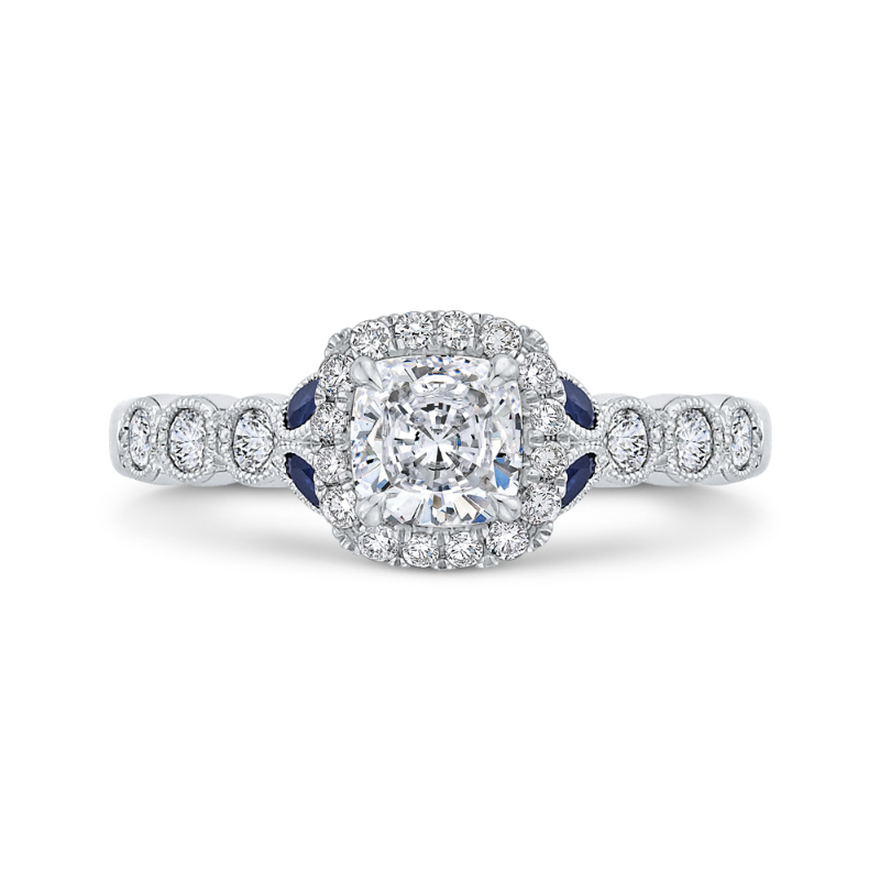 Cushion Cut Diamond Halo Engagement Ring with Sapphire in 14K White Gold (Semi-Mount)